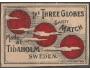Švédsko 1938, zápalková nálepka, The Three Globes červená č