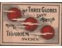 Švédsko 1936, zápalková nálepka balíčková, Three Globes Made