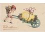 velikonoce 1925 - kraslice, trakař, děvče s nůší a květy