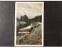 Horský potok a lávka, hory, mraky - stará pohlednice 1948
