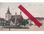 BAKOV nad Jizerou - Náměstí morový sloup kostel obchody 1912