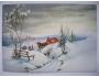 Vánoční přání zimní krajina kočár s koňmi, vesnička reprint