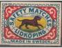Švédsko 1936, Pes hnědý, zápalková nálepka, červená, modrá,