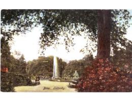 Brno Lužánky, barevná pohlednice cca 1915 park s vodotryskem