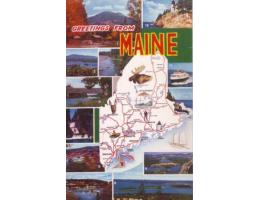 USA1960 Mapa a památná místa státu Maine na barevné nepoužit