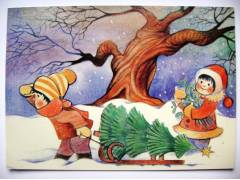 Vánoce děti sáně stromeček kresba J. Růžičková Svépomoc