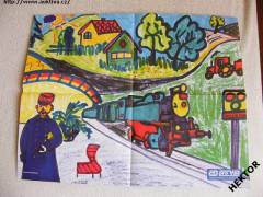 Velký plakát – dětská kresba parní lokomotivy s vlakem *230