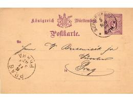 NĚMECKO KONIGREICH WURTTEMBERG POSTKARTE SCHONDORF PRAG 1887