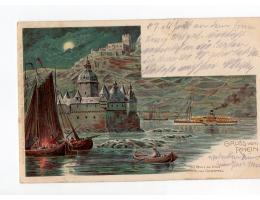 Litografie Rhein Pfalz bei Caub s lodí r.1899,prošlá,T/715