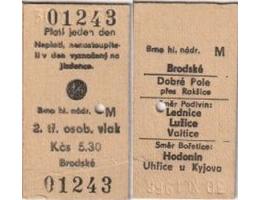 Železniční jízdenka kartonová ČD 1968 Brno hl. n. M Brodské,
