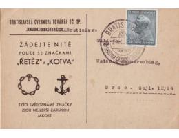 1937 příležitostné razítko Bratislava 2 TGM na firemní dopis