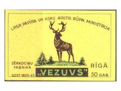 Lotyšsko SSSR cca 1955 zápalková nálepka, Vezuvs - jelen, s