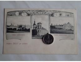 Klášter ŽELIV po požáru - secesní koláž - lidé odeslán 1909