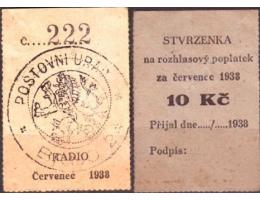 Stvrzenka na rozhlasový poplatek za červenec  1938, raz. Brn