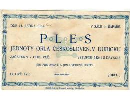 DUBICKO POZVÁNKA NA PLES JEDNOTY ORLA 1923 VESELÝ STRÁŽNICE