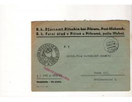 úřední obálka Farní úřad Pičín raz.Hluboš r.1945,O10/45