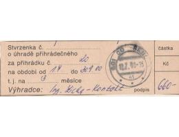 Stvrzenka o úhradě přihrádečného pošta Brno 1 7. - 30.9.2000