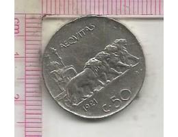 B54 - Itálie 50 centesimi, 1921 Hladká hrana