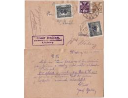1922 Klatovy do Planice, vylepena doplatní známka DL19a s de